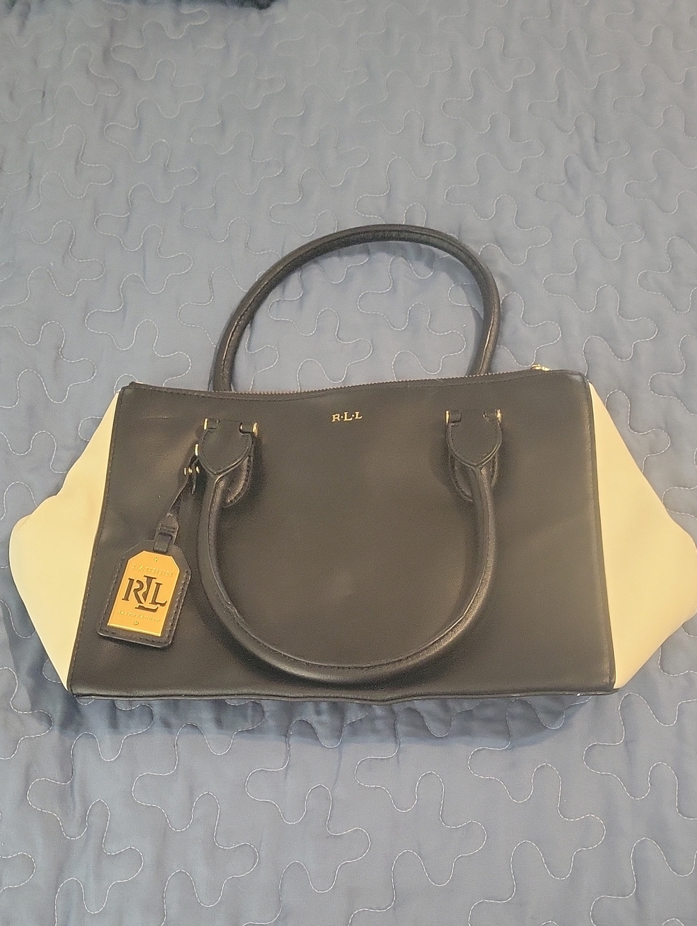 Lauren Ralph Lauren Large Black & White Spectator Satchel Tote Bag